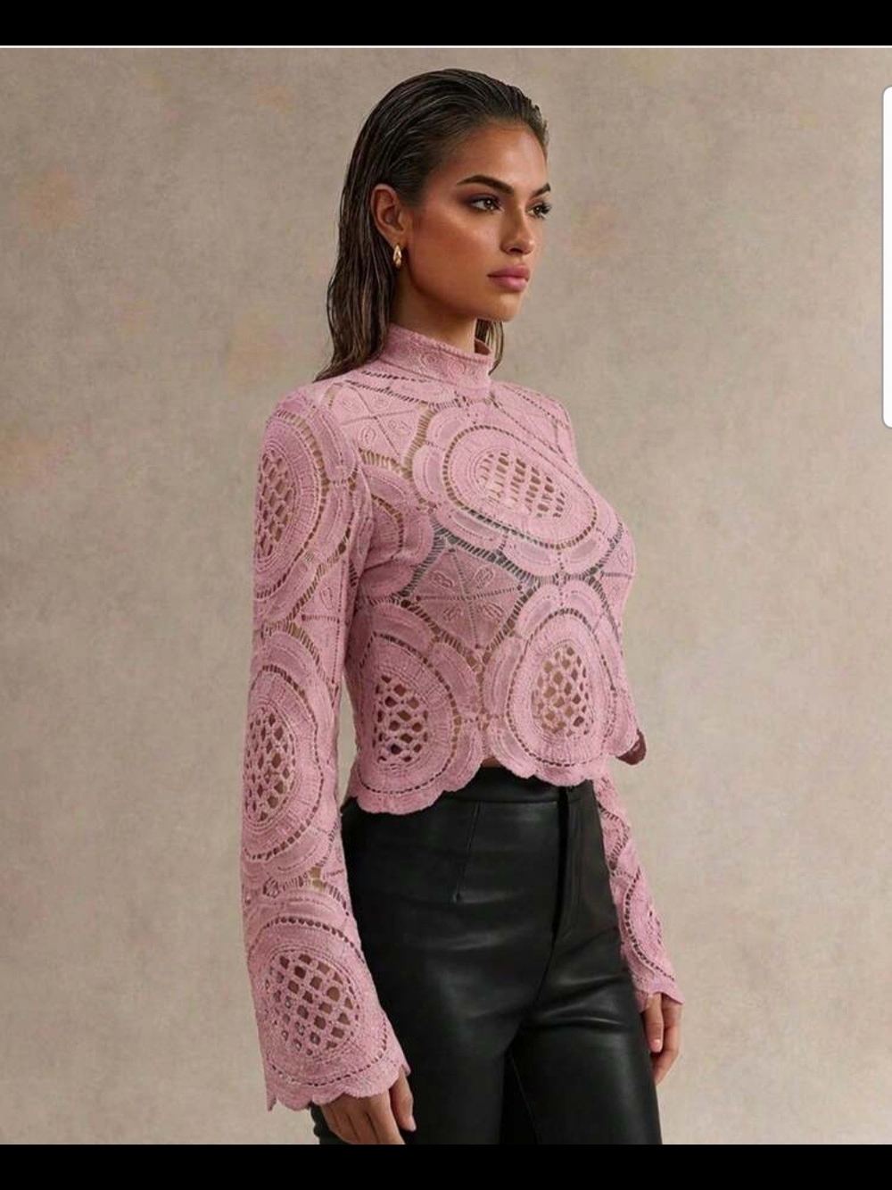 Women's Purple Crochet Lace Mock Neck Top